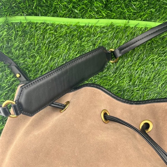 ZARA Brown Suede Bucket Bag Black Leather Trim Drawstring Crossbody Chic City - Picture 12 of 13